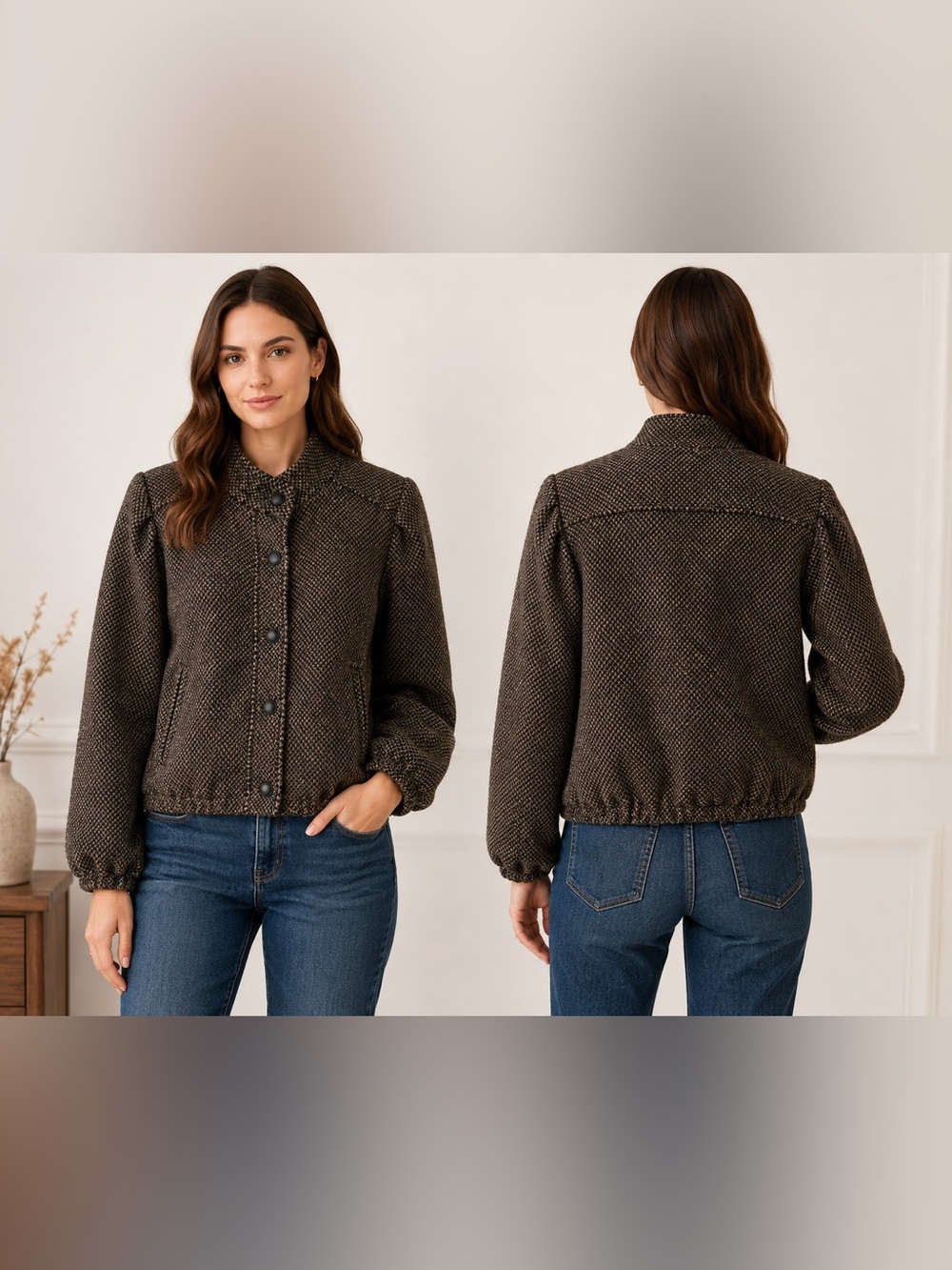 Vintage 70s Beau Brem 100% Wool Tweed Bomber Jacket Brown Black Textured Coat, L